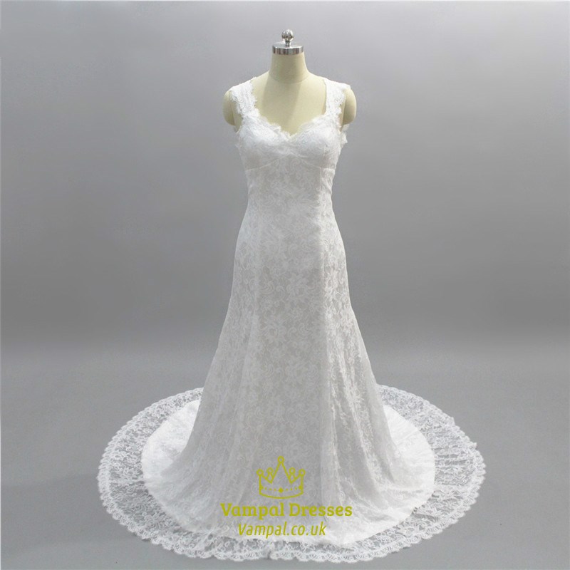 Langes Hochzeitskleid aus Spitze mit V-Ausschnitt, Schlüsselloch-Rücken und Schleppe