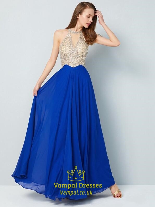 Ärmelloses bodenlanges Chiffon-Abschlussballkleid in Königsblau mit perlenbesetztem Oberteil