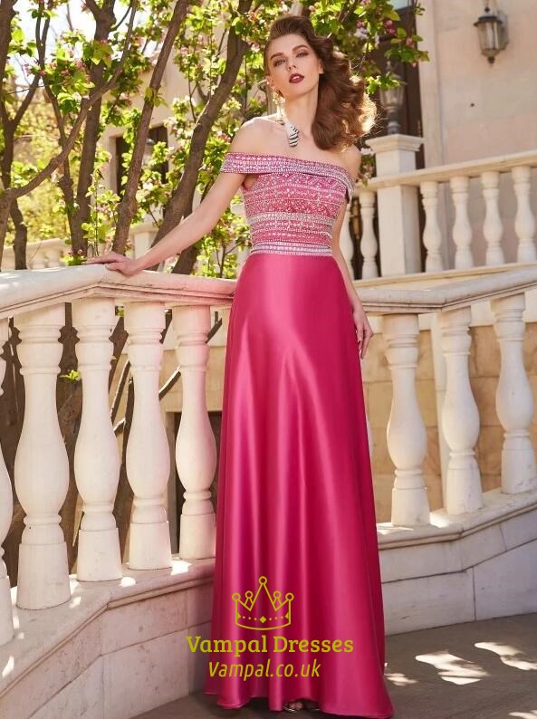 Bodenlanges Satin-Abschlussballkleid in Fuchsia mit schulterfreiem Design und Perlen