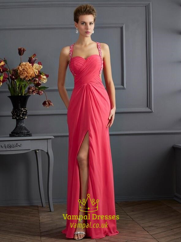 Wassermelonenfarbenes Abschlussballkleid mit eckigem Ausschnitt, ärmellosem Design, Perlen, Raffungen und Schlitz
