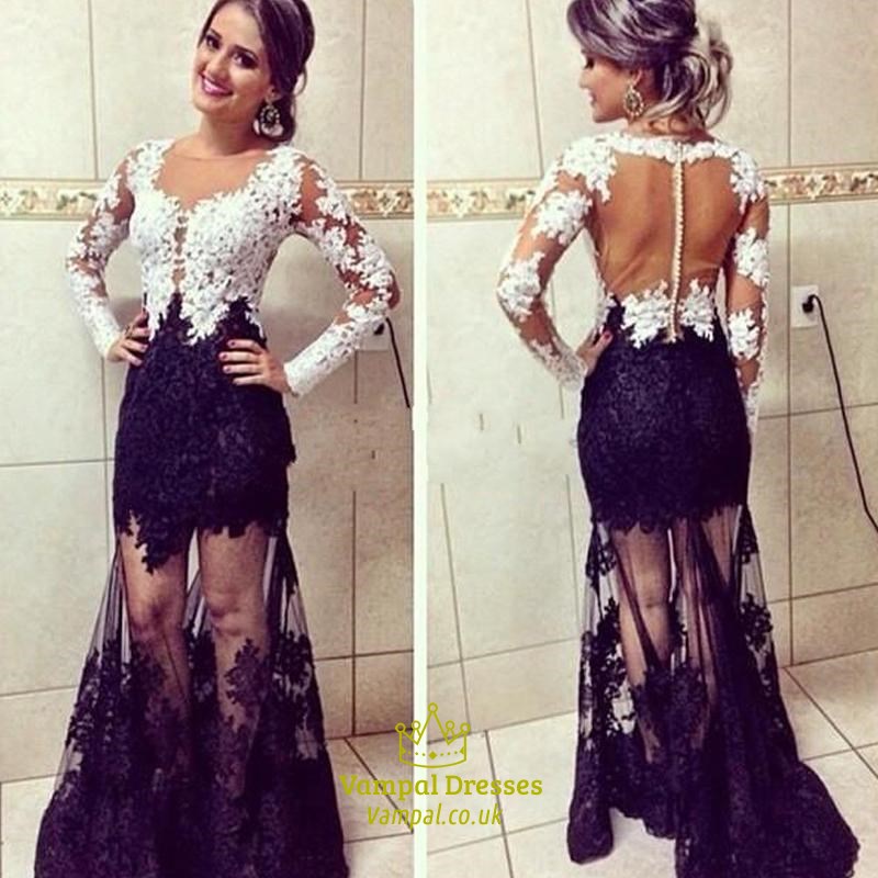 Langarm Illusion Rücken Tüll Abiballkleid Mit Spitzenapplikation