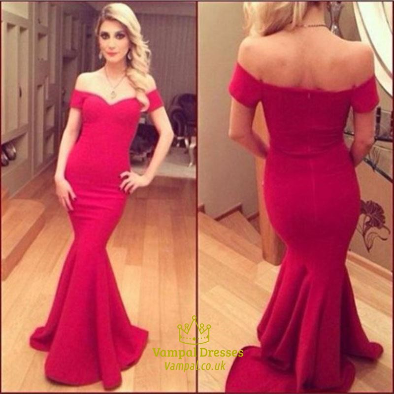 Einfaches Rotes Schulterfrei Kurzarm Satin Meerjungfrau Abiballkleid