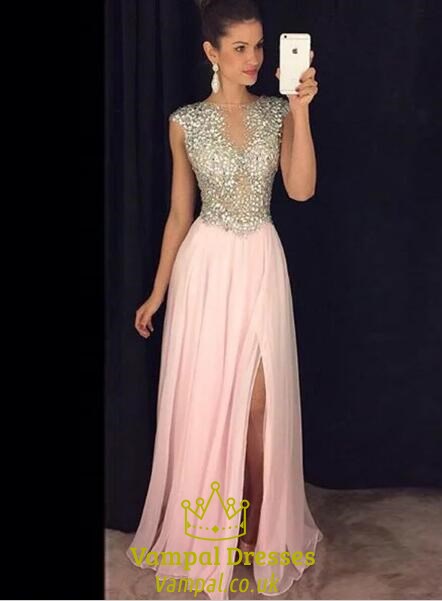 Pink Bateau Beaded Bodice Sleeveless Long Prom Dress With Split