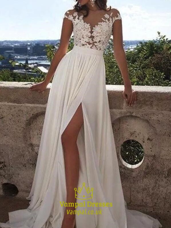 Jewel Neck Short Sleeve Floor Length Chiffon Prom Dress With Split