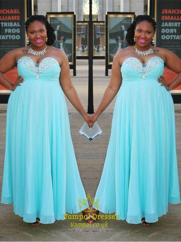 Hellblaues Herzausschnitt Perlen-Chiffon-Abschlussballkleid mit geraffter Taille, lang