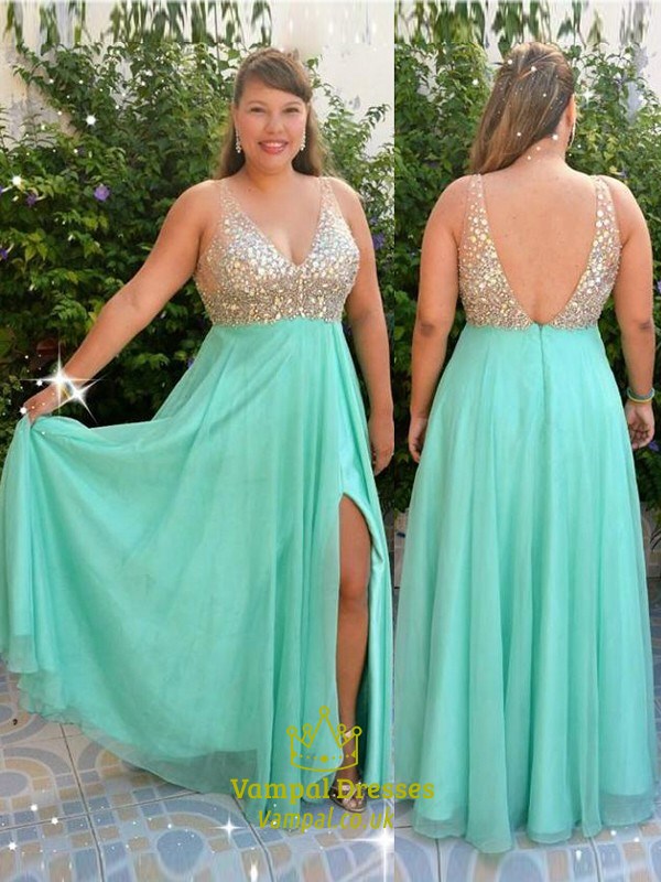 Türkises V-Ausschnitt ärmelloses Perlen-Chiffon-Abschlussballkleid mit Schlitz
