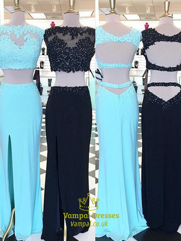 Himmelblaues zweiteiliges Abschlussballkleid mit Perlenbesatz, Applikationen, Keyhole-Rücken und Schlitz