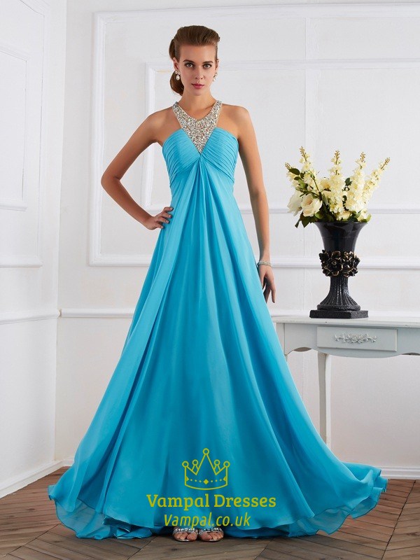 Ärmelloses Chiffon-Abschlussballkleid mit Halterneck, gerafftem Oberteil, Perlenbesatz und A-Linie