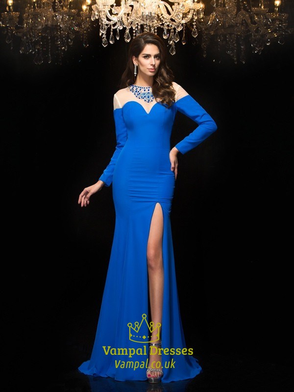 Langes ärmelloses Sheath-Abschlussballkleid mit Illusionsausschnitt und Schlitz