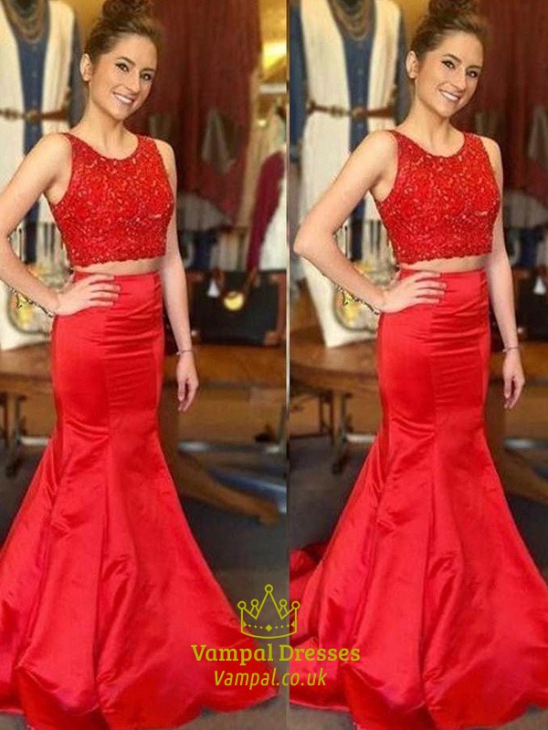 Jewel-Ausschnitt ärmelloses Zweiteiler-Kleid mit Spitzenoberteil und Satin-Meerjungfrau-Rock