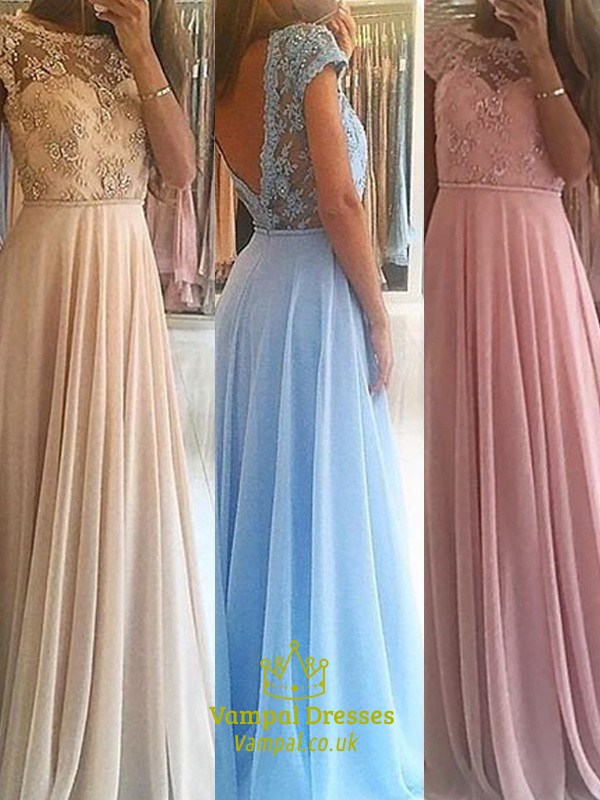 Pink Jewel-Ausschnitt Kleid mit kurzen Ärmeln, Perlen, Applikationen, bodenlang