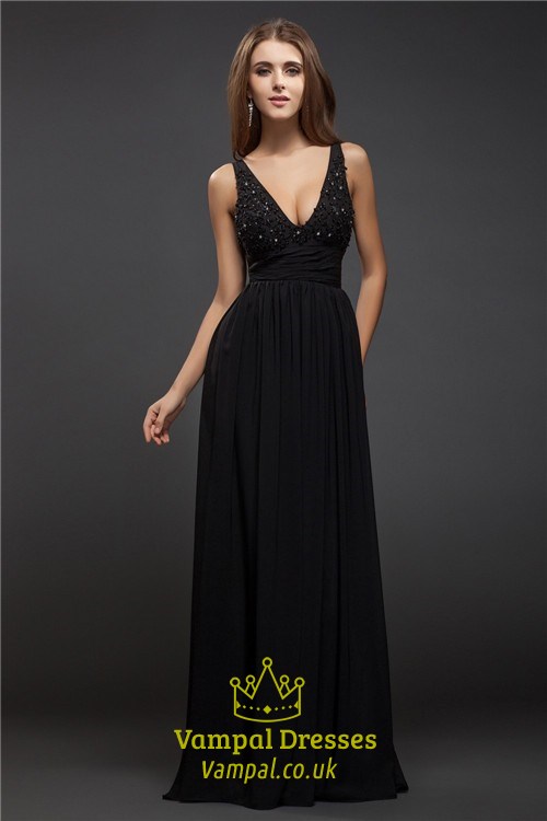 Bodenlanges Chiffon-Abschlussballkleid mit V-Ausschnitt, Perlenbesatz, Keyhole-Rücken und Falten