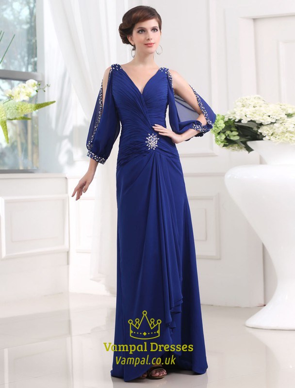 Chiffon-Abschlussballkleid mit V-Ausschnitt, Puffärmeln in Langform, gerafftem Oberteil und Perlenbesatz