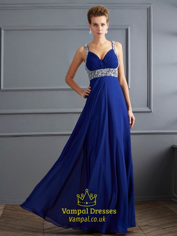 V-Neck Sleeveless Beaded Ruched Floor-Length Chiffon Prom Dress