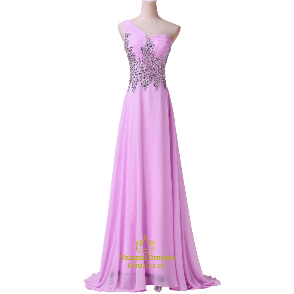 Fliederfarbenes ärmelloses One-Shoulder-Kristall-Raffung-Chiffon-Abschlussballkleid