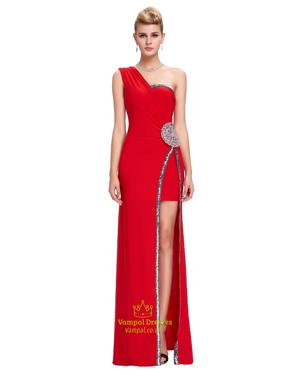 Rotes One-Shoulder-Perlen-Raffung-Chiffon-langes Abschlussballkleid mit Schlitz