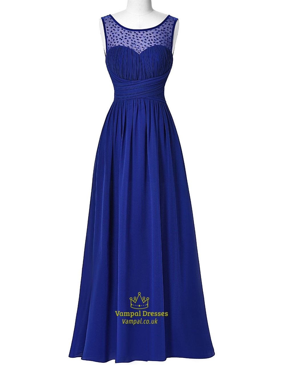 Royalblaues ärmelloses Juwelenkragen-Perlen-Raffung-Taille-Abschlussballkleid