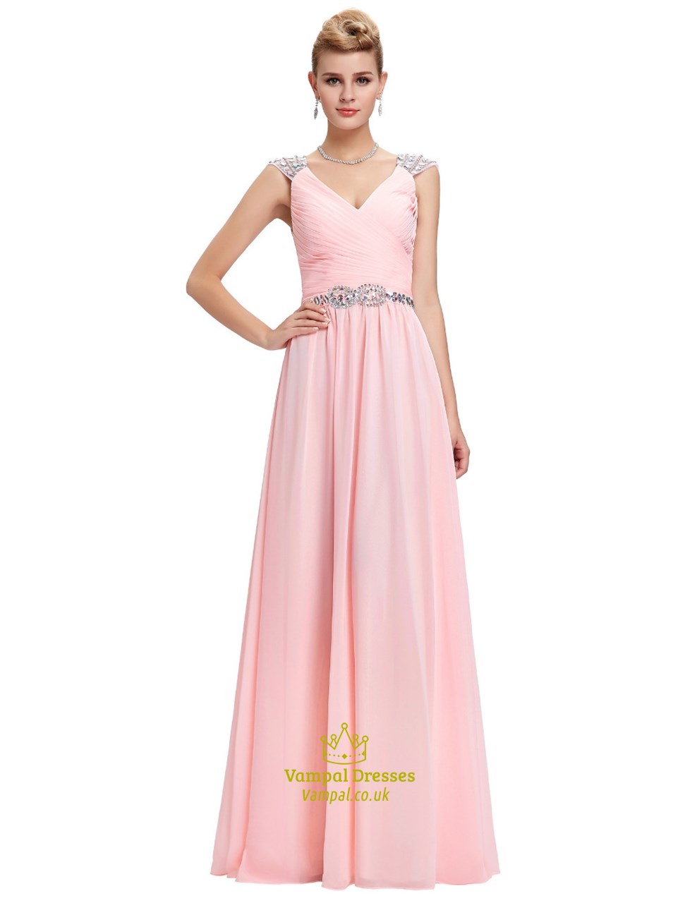 A-Linien-V-Ausschnitt-Cap-Ärmel-Kristall-Raffung-Chiffon-Abschlussballkleid