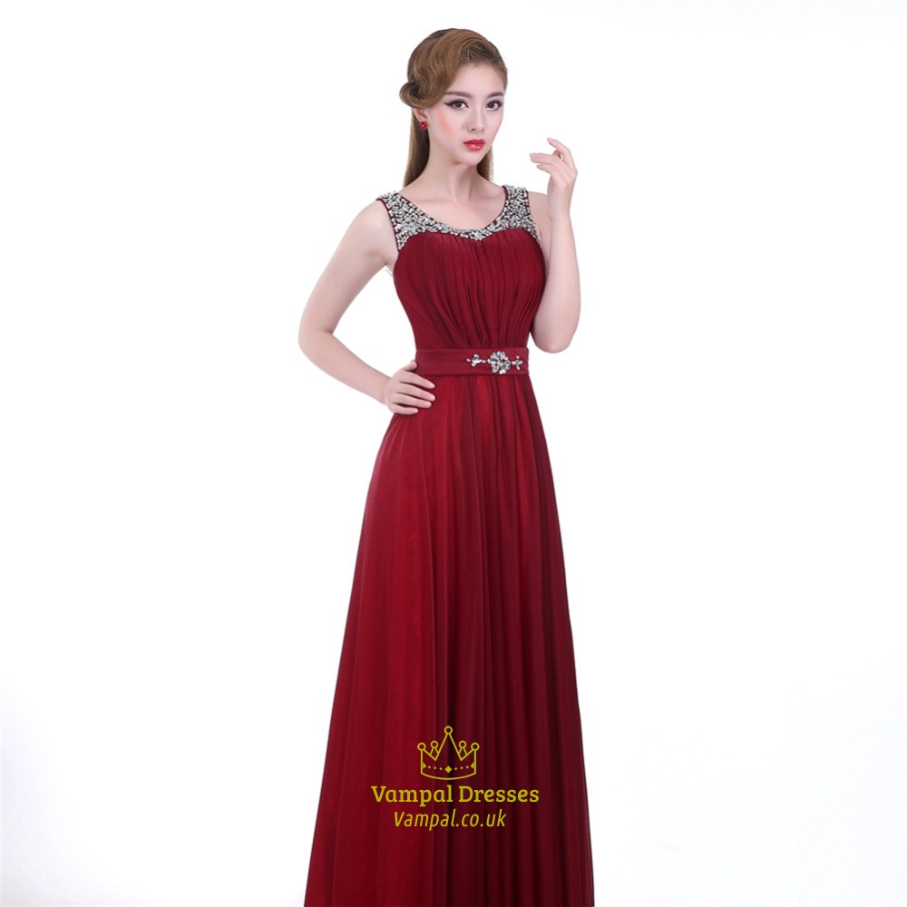Juwelenkragen ärmelloses Perlen-Raffung-Chiffon-langes Abschlussballkleid