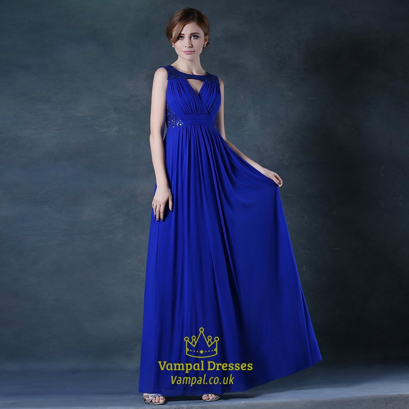 Hoher Kragen ärmelloses Keyhole-Perlen-Raffung-A-Linien-Chiffon-Abschlussballkleid