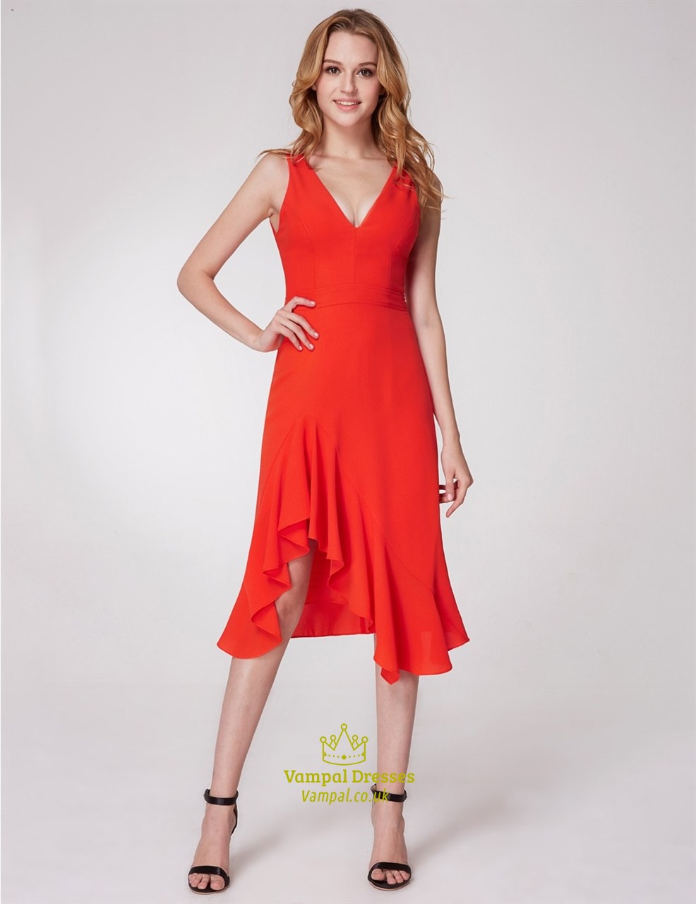 Orange V-Neck V-Back Asymmetrical Hem Ruffle Chiffon Short Dress