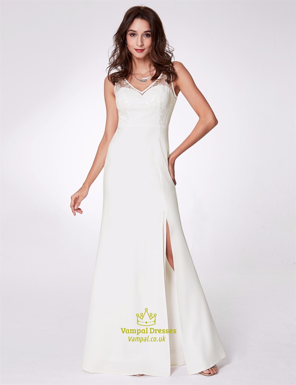 Weißes ärmelloses Ballkleid mit V-Ausschnitt, Applikationen, bodenlang und Schlitz