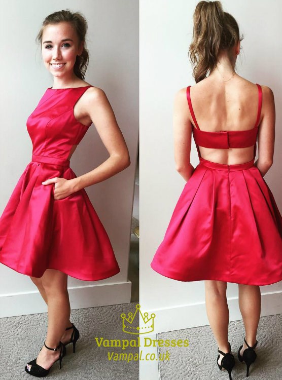 Rotes Bateau-Ausschnitt Ärmelloses Satin Kurzes Homecoming Kleid Mit Taschen