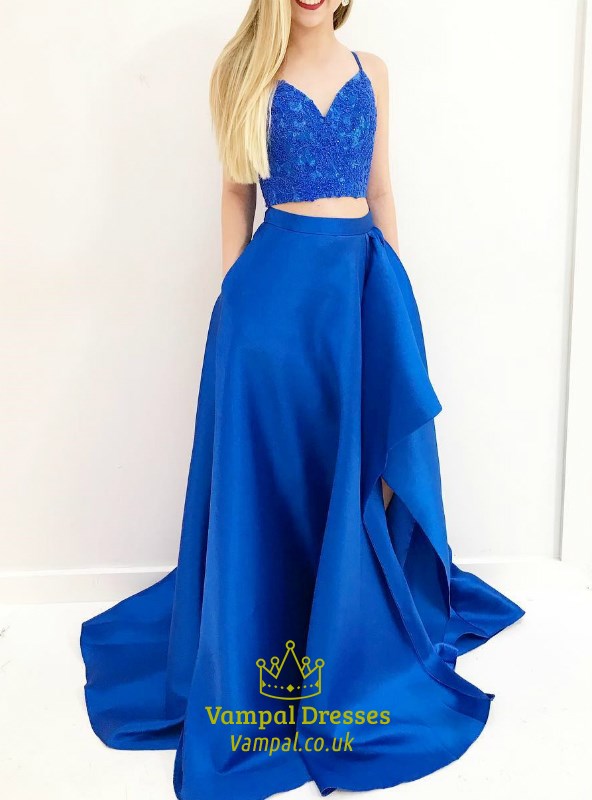 Königlich Blaues Spaghettiträger Perlenbesetztes Zweiteiliges Prom Kleid Mit Schlitz