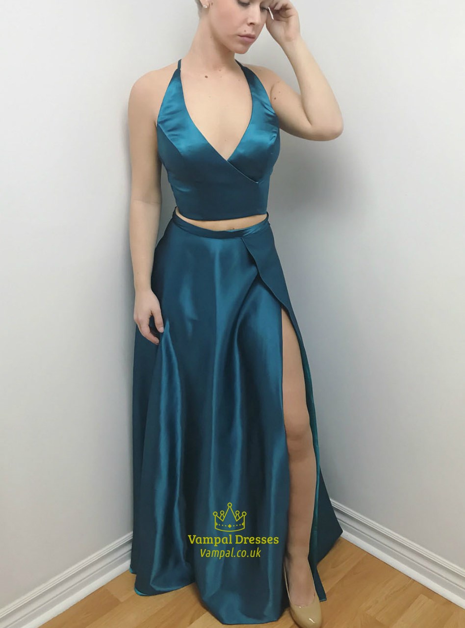 Türkises V-Ausschnitt Ärmelloses Überkreuzter Rücken Satin Prom Kleid Mit Schlitz