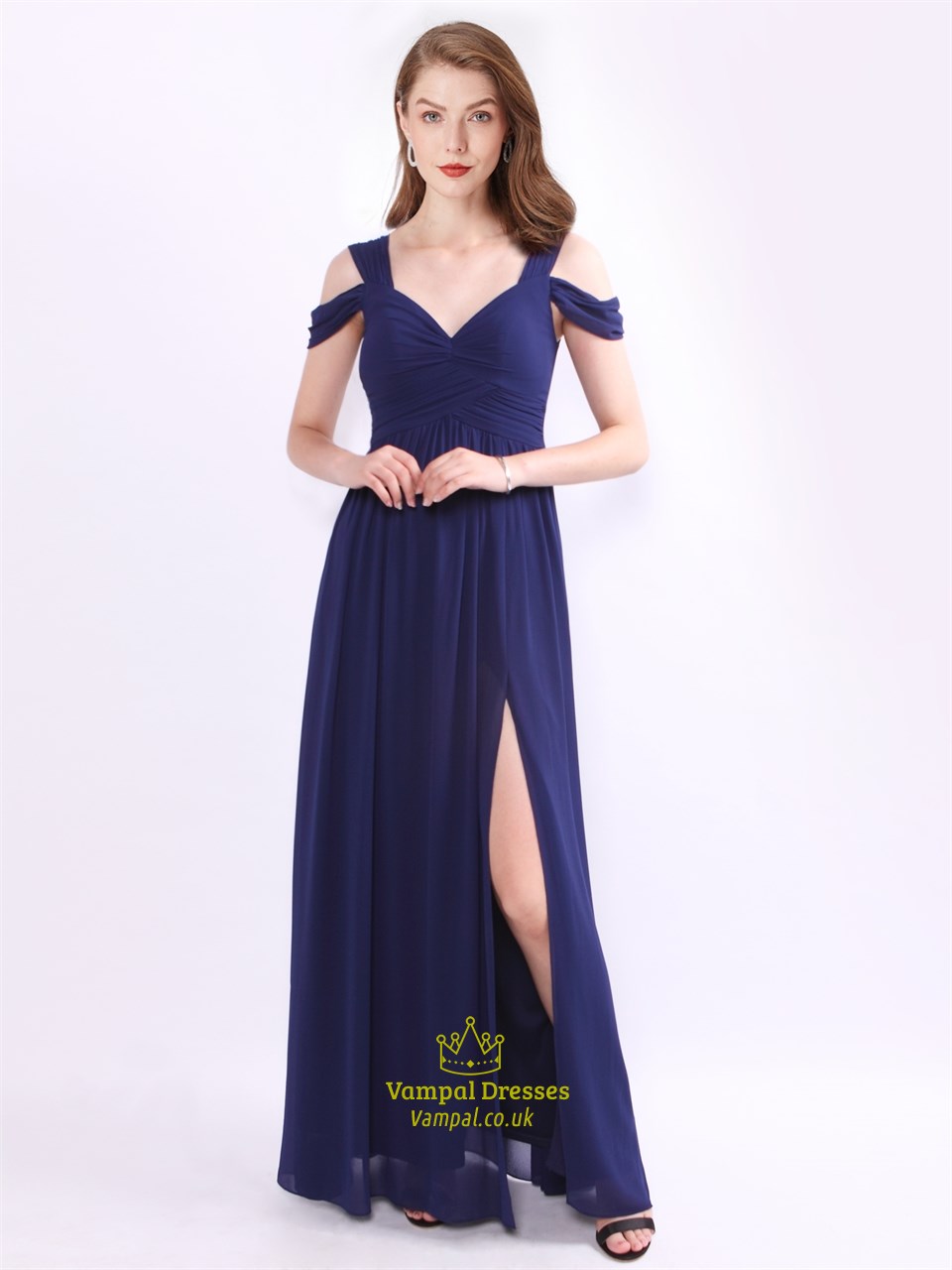Königlich blaues Cap-Ärmel gerafftes Chiffon Ballkleid mit Schlitz
