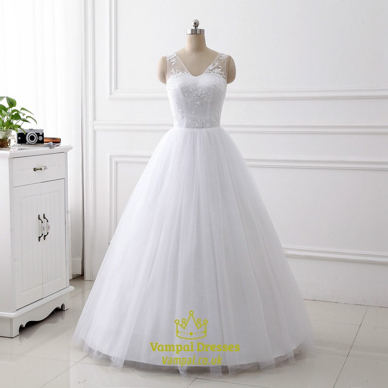 A-Line V-Neck Sleeveless Beaded Applique Tulle Wedding Dress
