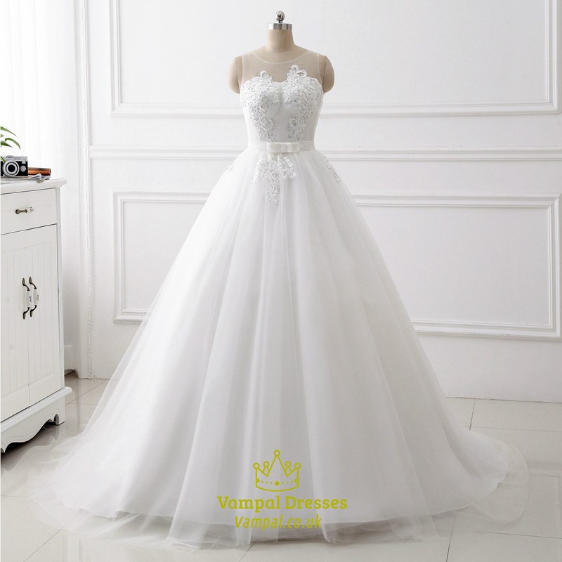 Keyhole Back Beaded Applique Tulle Wedding Dress With Bow