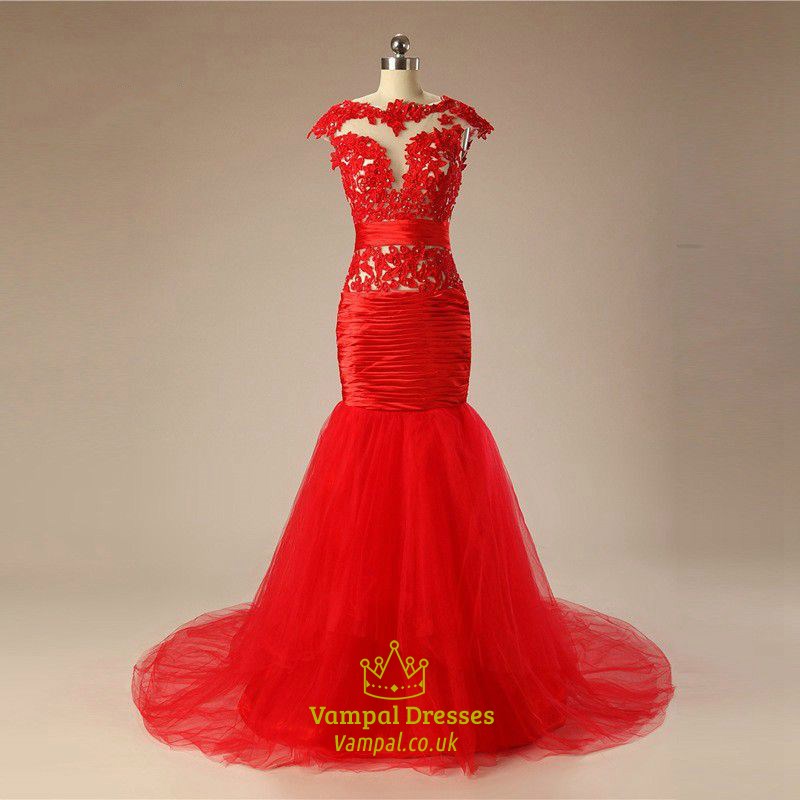 Red High Neck Cap Sleeve Ruched Organza Prom Dress With Sequins