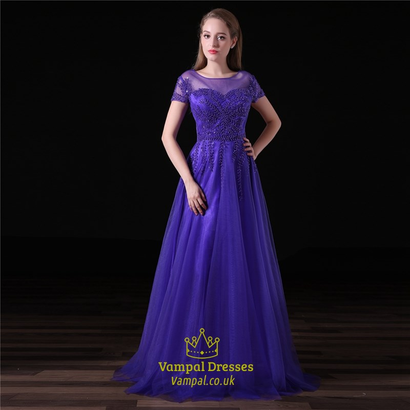 Purple Scoop Neck Beading Applique Tulle Prom Dress