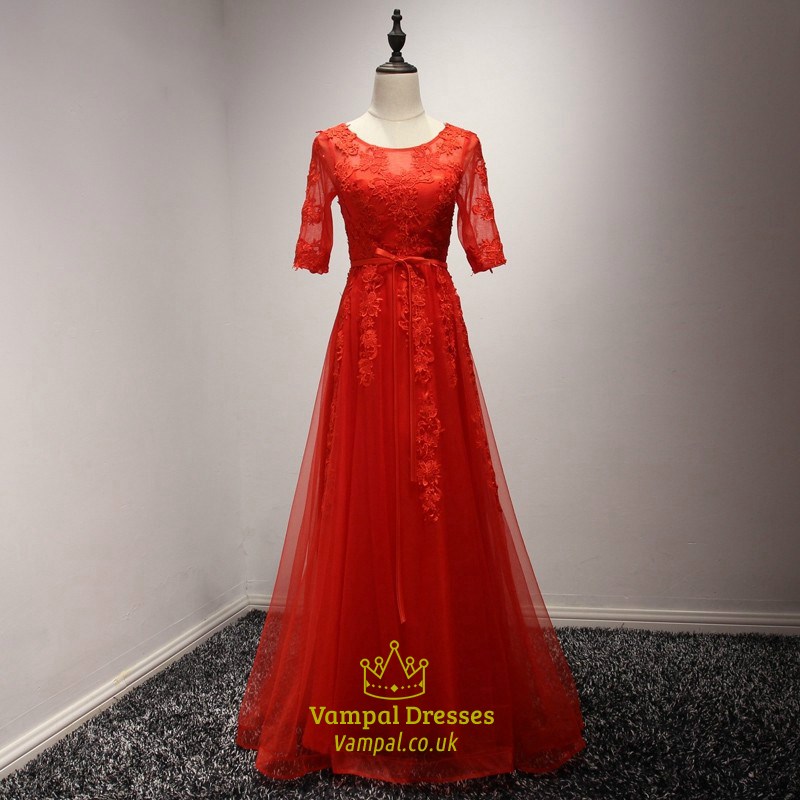 Red A-Line Jewel Neckline Half Sleeve Applique Tulle Long Prom Dress