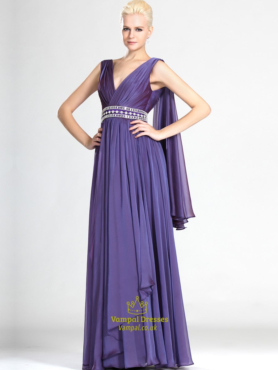 V-Ausschnitt Perlen bodenlanges Chiffon Abschlussballkleid mit Cape