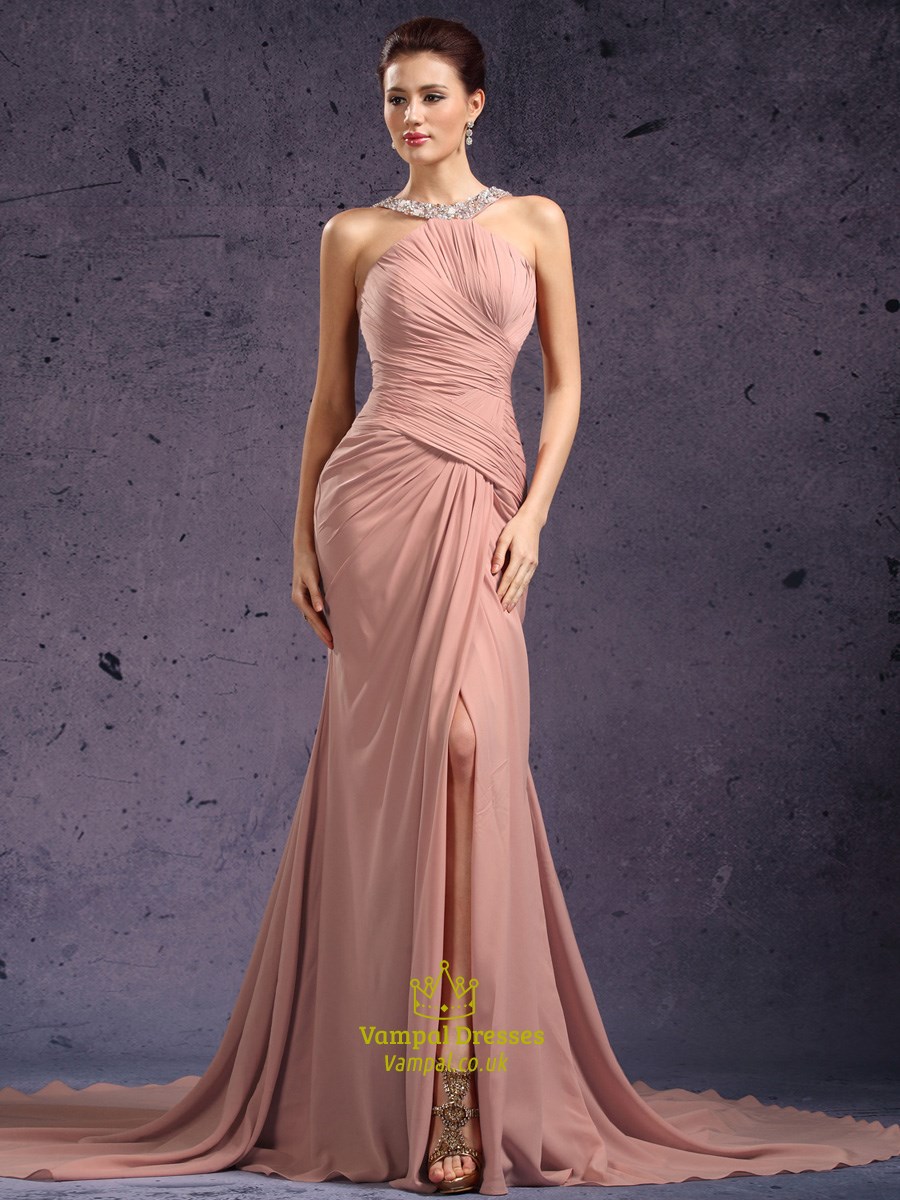 Halter Beaded Sleeveless Ruched Prom Dress With Split And Train