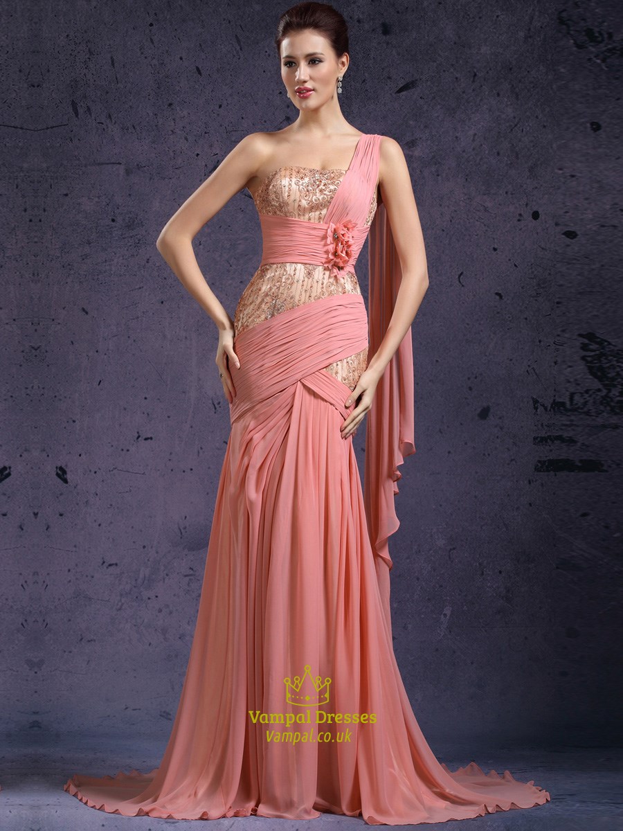 Ein-Schulter Perlenbesatz Applikation Chiffon langes Abendkleid