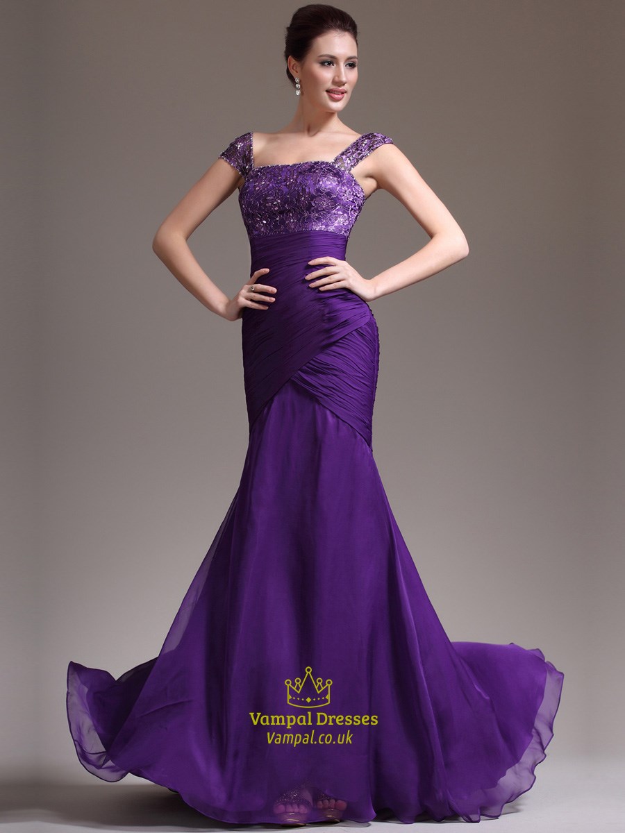 Square Neck Beading Cap Sleeve Sheath Chiffon Prom Dress With Train