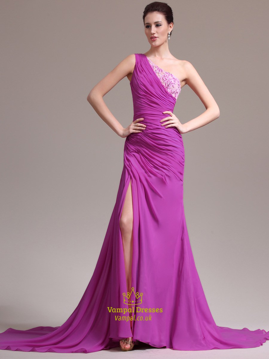 Fuchsia One Shoulder Beaded Sleeveless Chiffon Prom Dress With Split