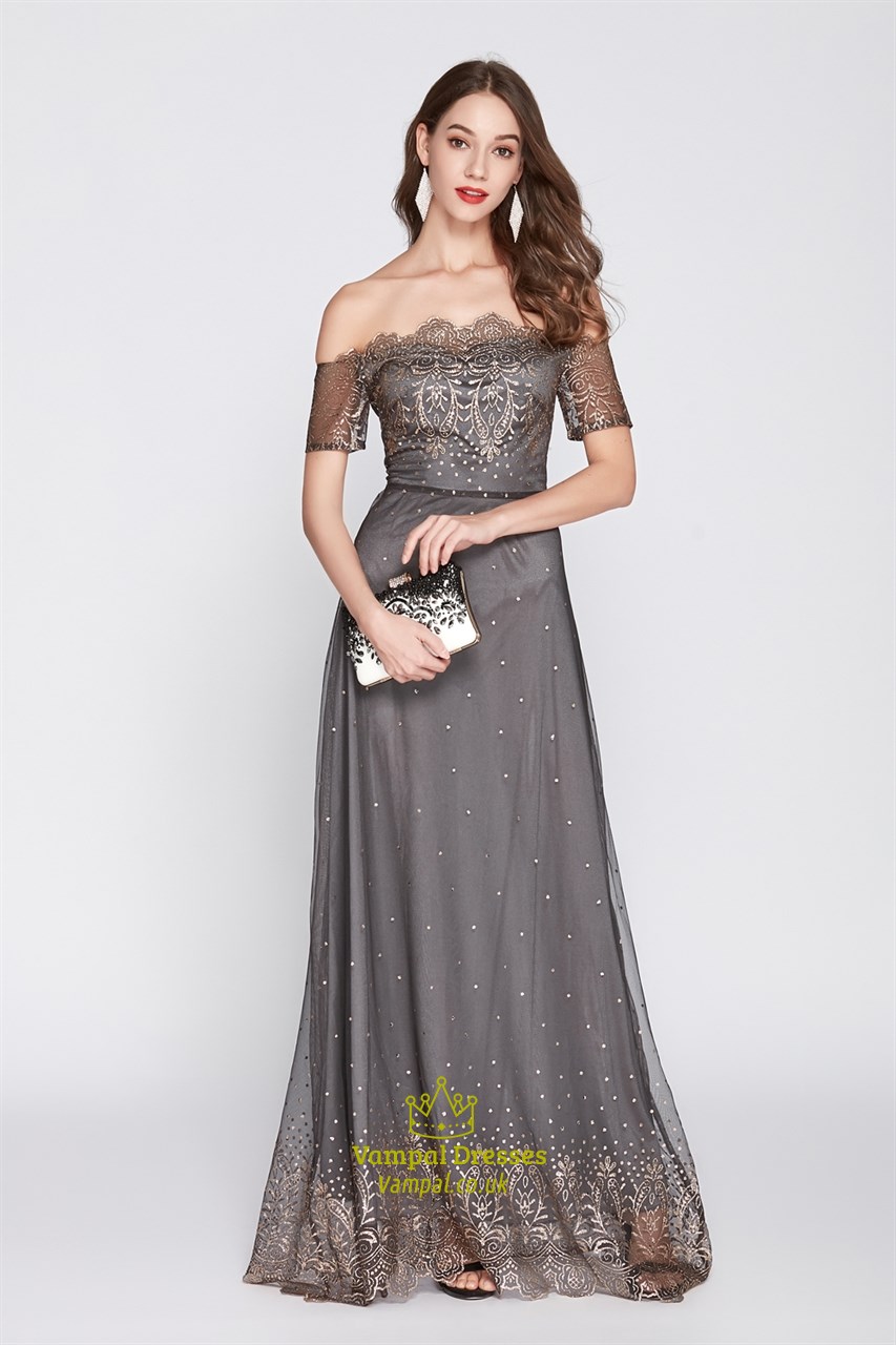 Besticktes Schulterfreies Tüll Prom Kleid Mit Kurzen Ärmeln