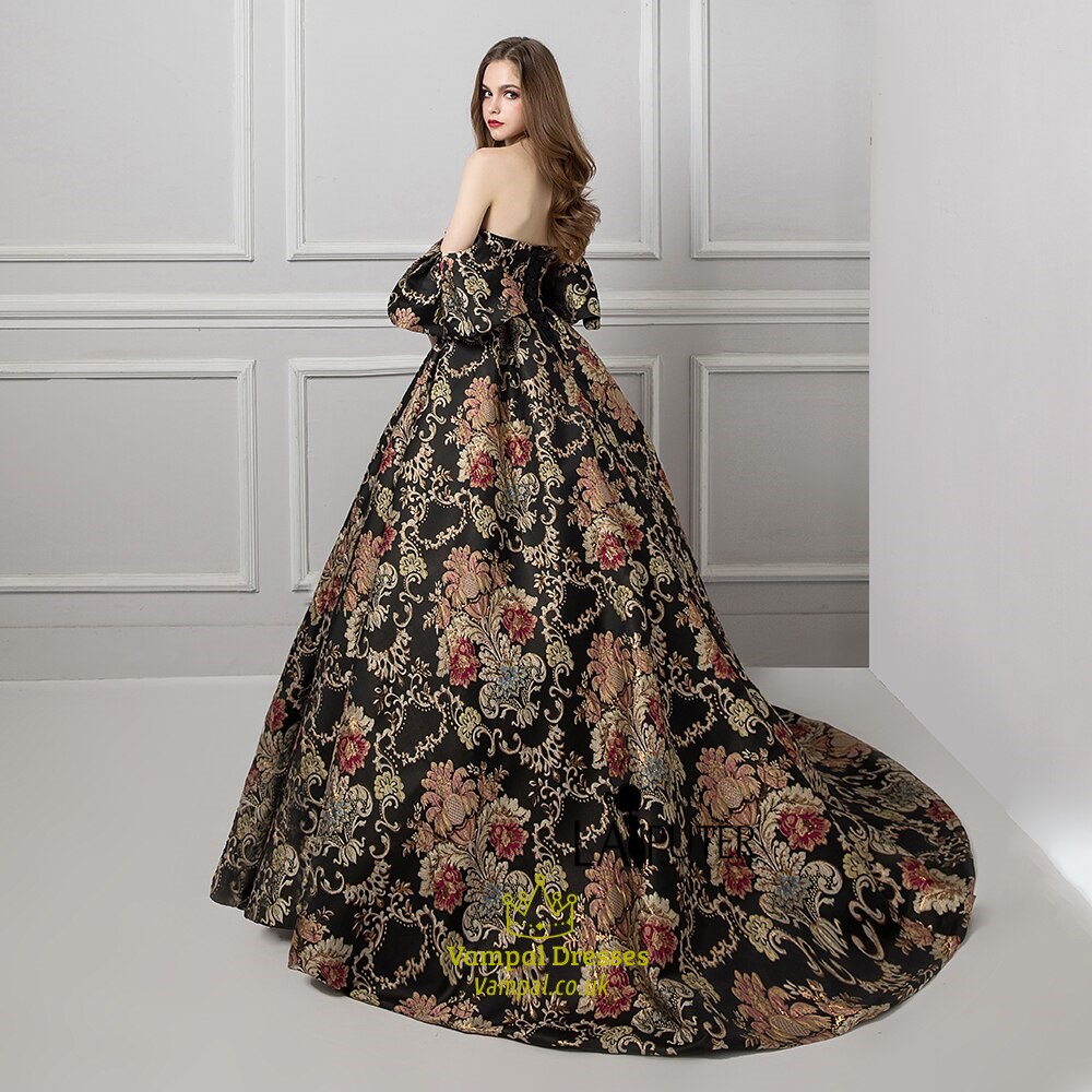 Black Strapless Satin Floral Embroidered Ball Gown With Corset Back ...