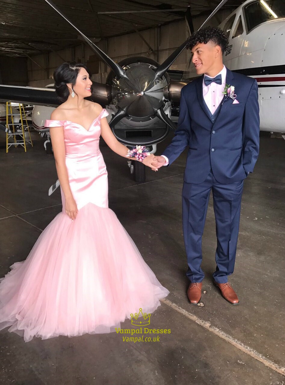 Rosa Meerjungfrau-Abend-Abschlussballkleid mit schulterfreiem Ausschnitt und Tüll