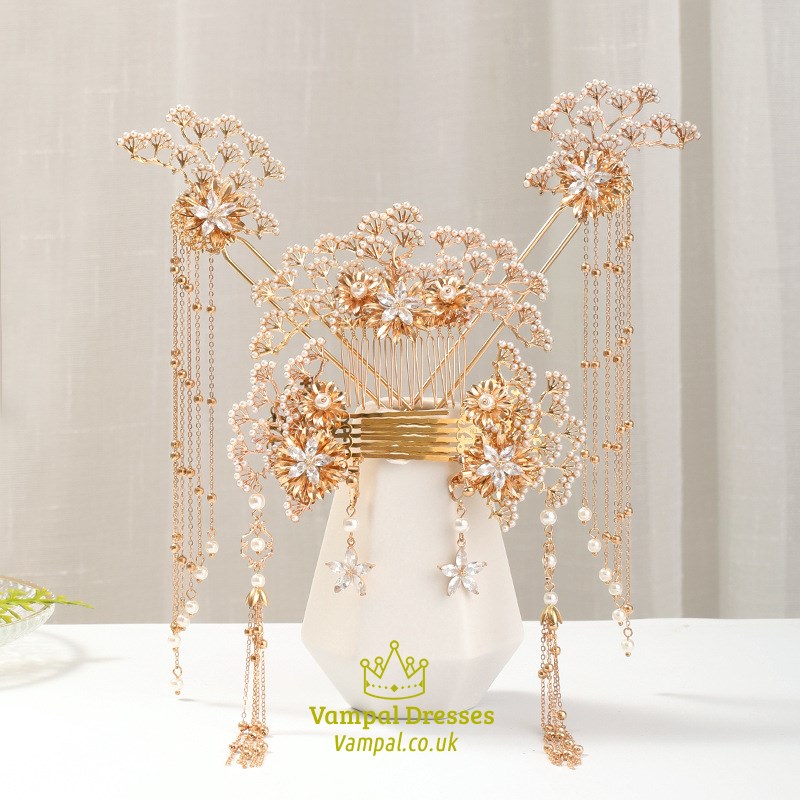 Goldenes Legierungs-Braut-Schmuckset mit Perlen und Quasten, Hochzeitsaccessoires