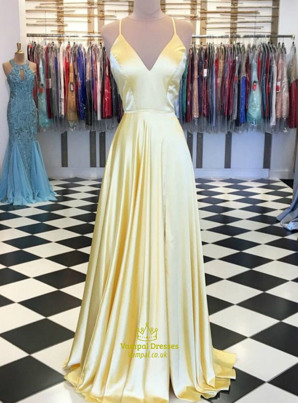 Gelbes langes A-Linien-Ballkleid mit V-Ausschnitt, Spaghettiträgern und Rückenausschnitt