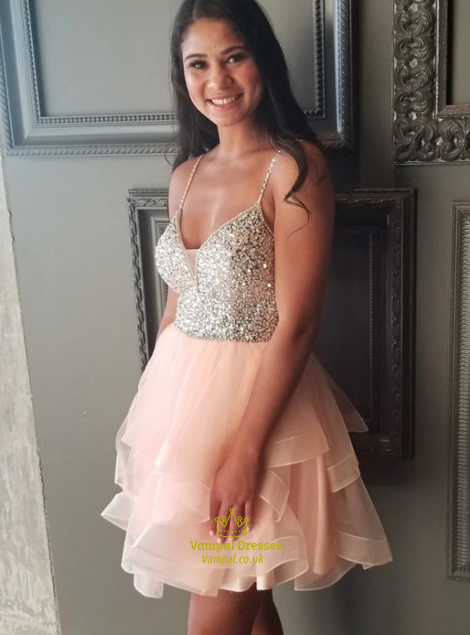 A-Linien-Prom-Kleid aus Organza mit V-Ausschnitt, Spaghettiträgern und perlenbesetztem Oberteil