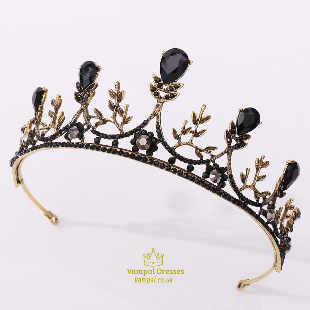Vintage schwarzes barockes Blatt-Brautdiadem mit Kristall