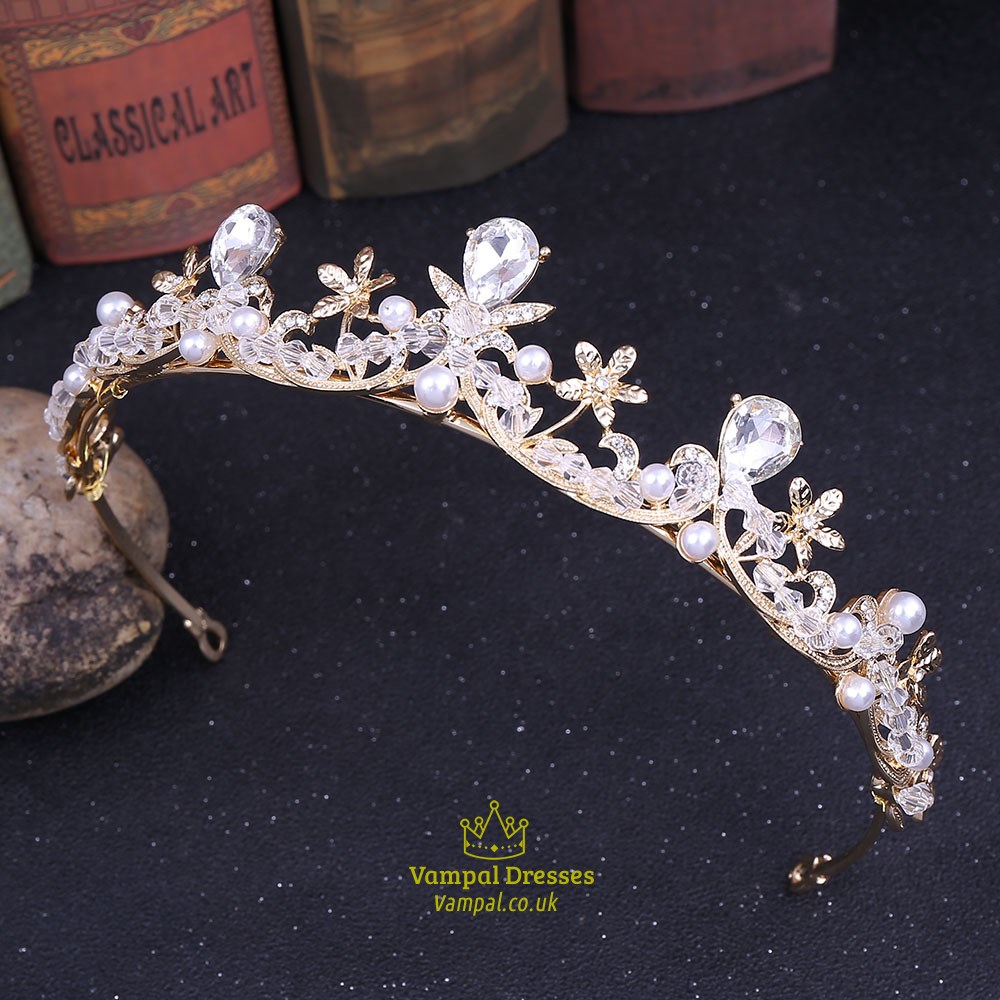 Prinzessinnen-Hochzeitsdiadem aus Legierung mit Kristall, Blumen und Perlen