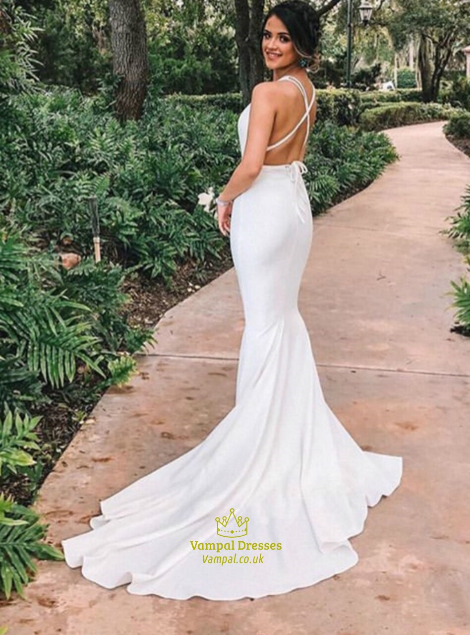 Ivory Mermaid Deep V Neck Sleeveless Backless Wedding Dress With Train ...