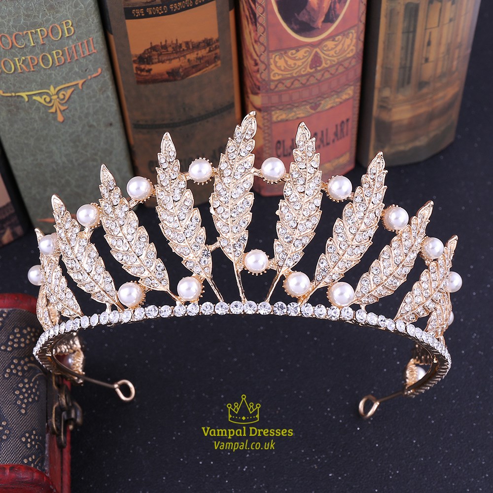 Barock Legierung Blatt Braut Tiara Prinzessin Krone Mit Perlen